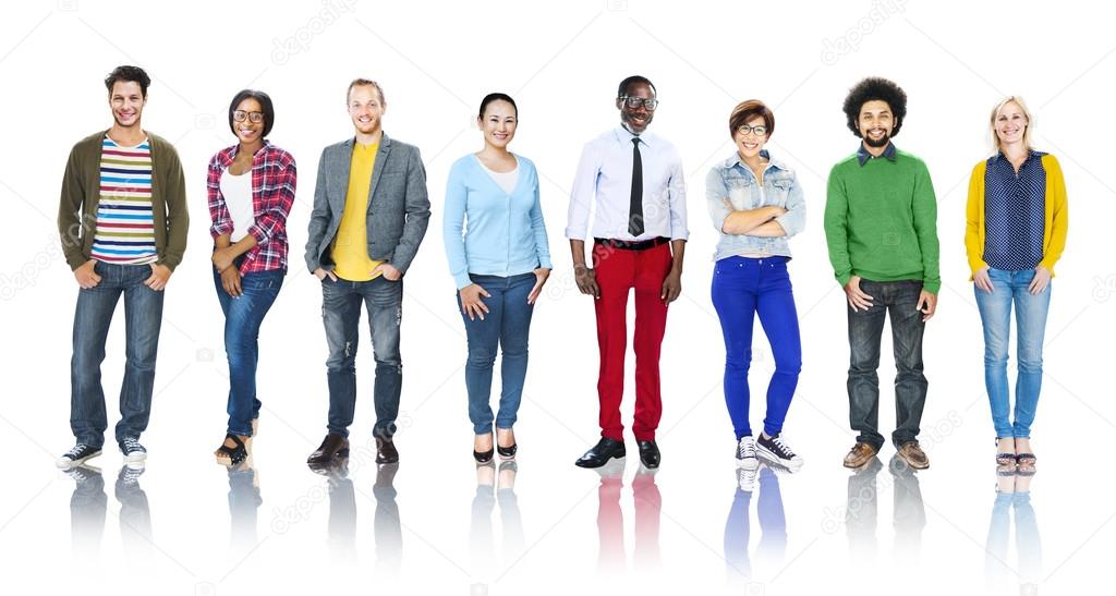 Original, unannotated studio group photo of nine standing people