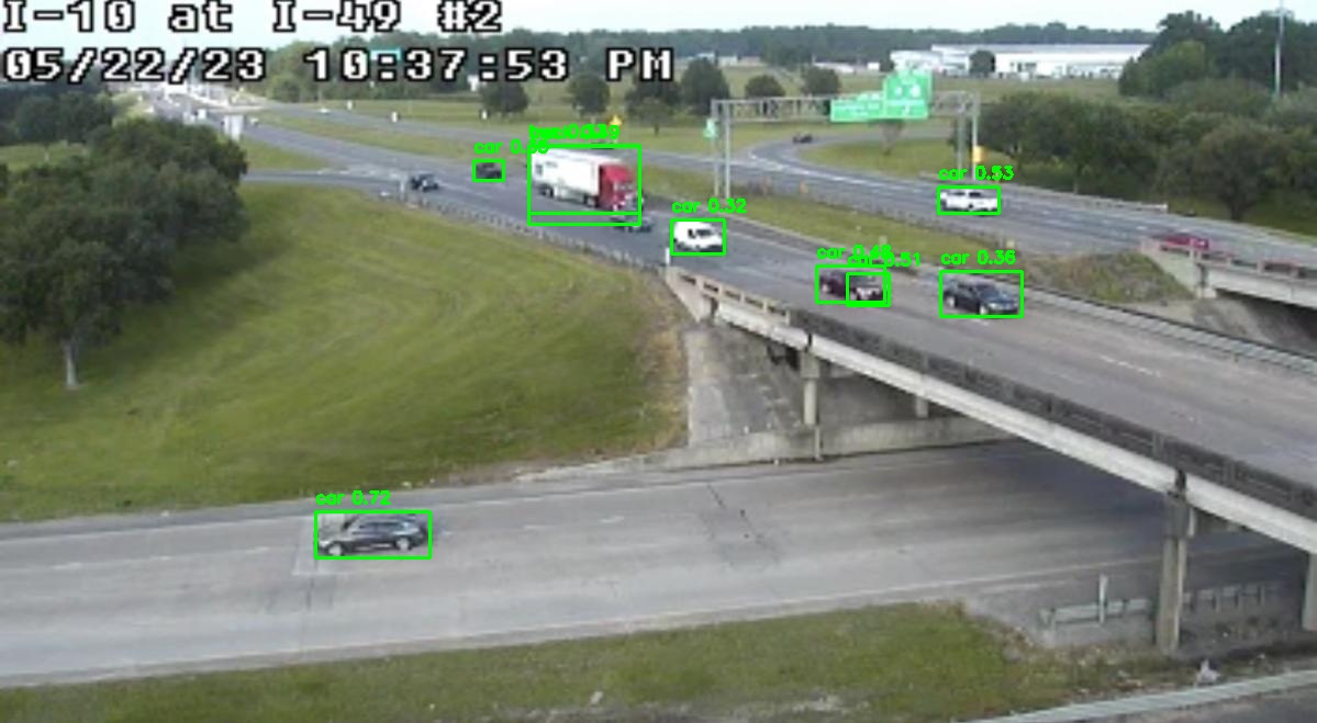 YOLOv8 correctly detecting nine vehicles on the same angled DOT highway camera image