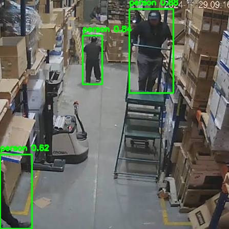 YOLOv8 on the same warehouse photo, only three person boxes drawn, forklift and equipment left unlabeled