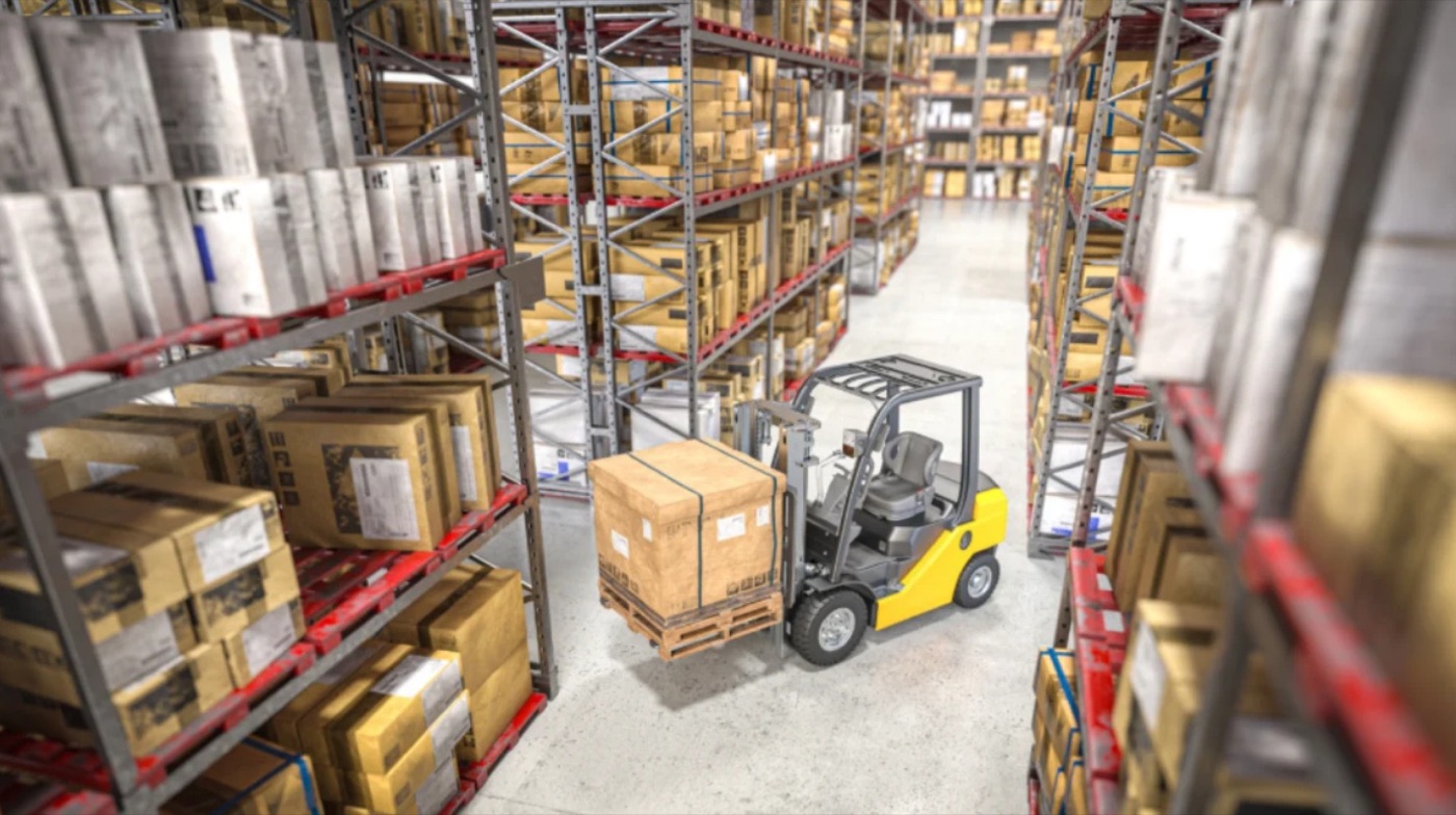 A synthetic, 3D rendered forklift warehouse image with zero detections drawn
